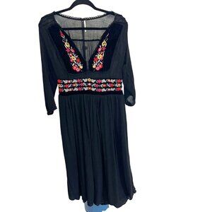 Free People Floral Embroidered Midi Dress Floral Black Peasant Boho Size Large